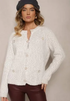 Szary Kardigan z Wiskozą Ozdobiony Imitacją Kieszeni i Guzikami Nomilira