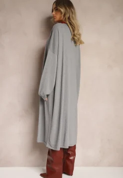 Szary Kardigan z Wiskozą o Długim Kroju Zapinany na Guziki z Metaliczną NIcią Arkaria