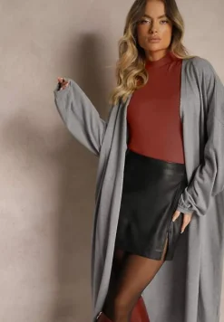 Szary Kardigan z Wiskozą o Długim Kroju Zapinany na Guziki z Metaliczną NIcią Arkaria