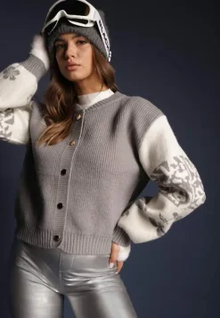 Szary Kardigan z Wiskozy na Guziki Ozdobiony Geometrycznym Wzorem Nelaya