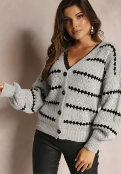 Szary Kardigan Zapinany w Paski Oullas