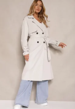 Szary Klasyczny Płaszcz Trencz z Wiskozą o Dwurzędowym Kroju z Paskiem Mokaia