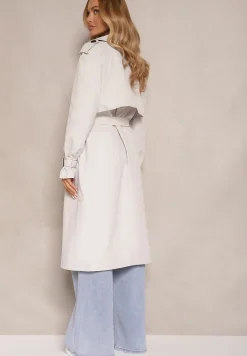 Szary Klasyczny Płaszcz Trencz z Wiskozą o Dwurzędowym Kroju z Paskiem Mokaia