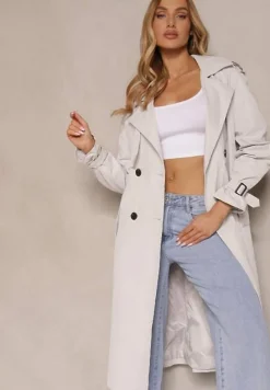 Szary Klasyczny Płaszcz Trencz z Wiskozą o Dwurzędowym Kroju z Paskiem Mokaia