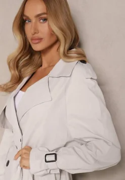 Szary Klasyczny Płaszcz Trencz z Wiskozą o Dwurzędowym Kroju z Paskiem Mokaia