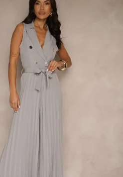 Szary Kombinezon Taliowany w Garniturowym Stylu z Paskiem i Guzikami Fillomia