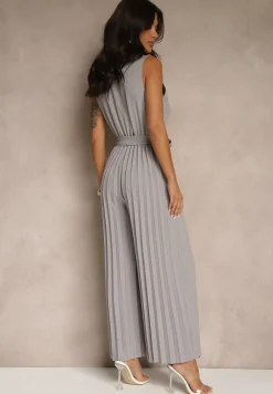 Szary Kombinezon Taliowany w Garniturowym Stylu z Paskiem i Guzikami Fillomia