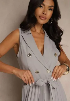 Szary Kombinezon Taliowany w Garniturowym Stylu z Paskiem i Guzikami Fillomia