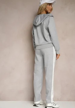 Szary Komplet Dresowy Spodnie Ozdobione Napisami Bluza na Suwak z Kapturem Semiraella