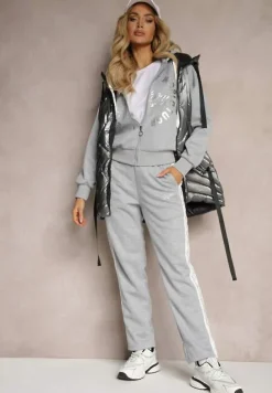 Szary Komplet Dresowy Spodnie Ozdobione Napisami Bluza na Suwak z Kapturem Semiraella