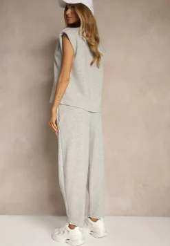 Szary Komplet Dresowy z Wiskozą Spodnie z Ozdobnym Ściągaczem i Top Nitunela