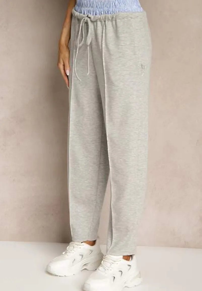 Szary Komplet Dresowy z Wiskozą Spodnie z Ozdobnym Ściągaczem i Top Nitunela