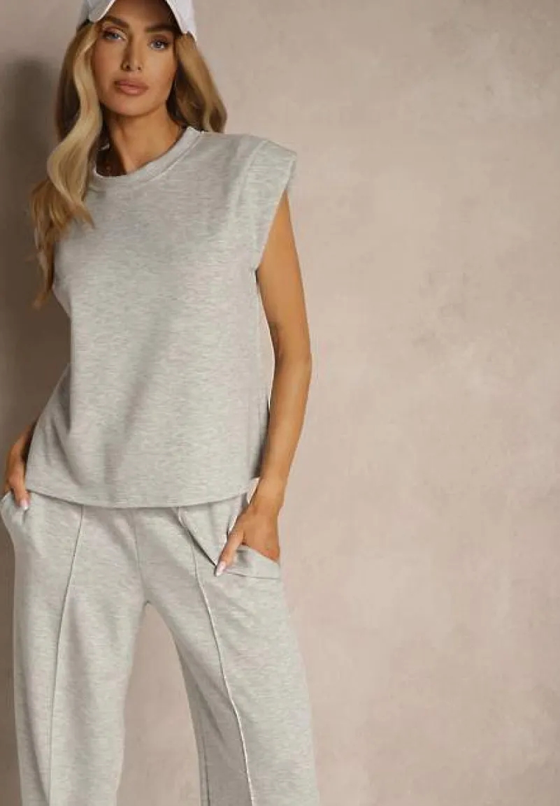 Szary Komplet Dresowy z Wiskozą Spodnie z Ozdobnym Ściągaczem i Top Nitunela