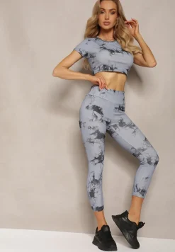 Szary Komplet Sportowy z Printem Tie-Dye z Koszulą Cropped i Legginsami Davenia