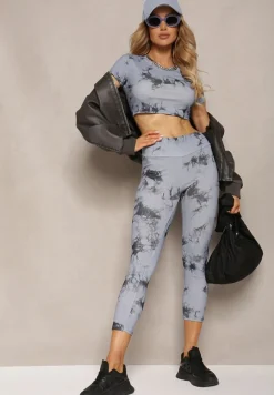 Szary Komplet Sportowy z Printem Tie-Dye z Koszulą Cropped i Legginsami Davenia