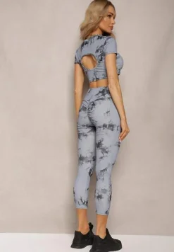 Szary Komplet Sportowy z Printem Tie-Dye z Koszulą Cropped i Legginsami Davenia