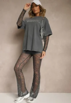 Szary Komplet z Bawełny Spodnie z Koronki i Bluzka z Koronkowymi Rękawami Galaniera