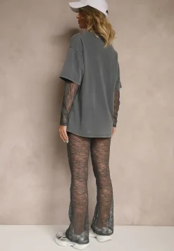 Szary Komplet z Bawełny Spodnie z Koronki i Bluzka z Koronkowymi Rękawami Galaniera