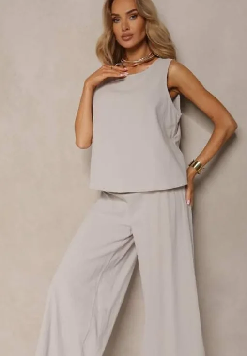Szary Komplet z Bawełny Spodnie Culottes i Luźny Top Tinelia