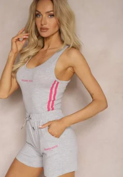 Szary Letni Komplet Fitnessowy z Elastycznej Bawełny Top i Szorty Dvaine