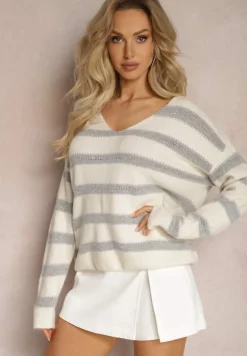 Szary Sweter z Dekoltem w Serek Ozdobiony Błyszczącymi Paskami Keiria