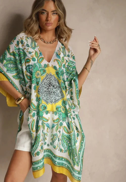 Żółte Ponczo Narzutka z Wiskozy i Jedwabiu w Stylu Boho Acera