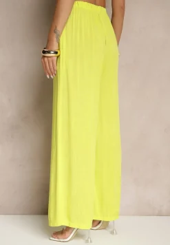 Żółte Szerokie Spodnie High Waist z Gumką w Talii Ilnena