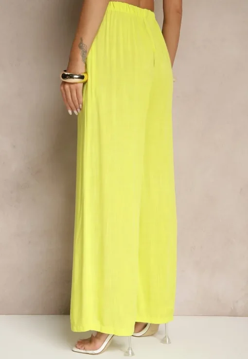 Żółte Szerokie Spodnie High Waist z Gumką w Talii Ilnena