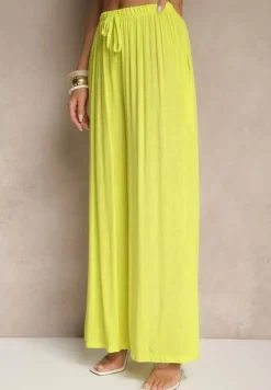 Żółte Szerokie Spodnie High Waist z Gumką w Talii Ilnena