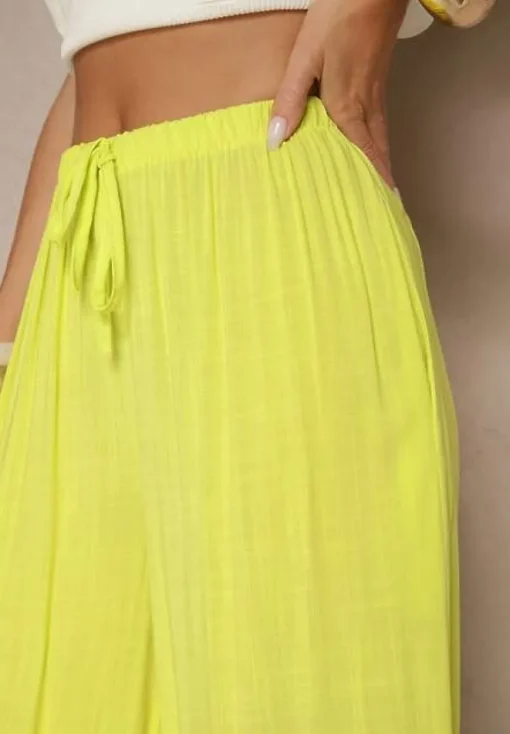 Żółte Szerokie Spodnie High Waist z Gumką w Talii Ilnena