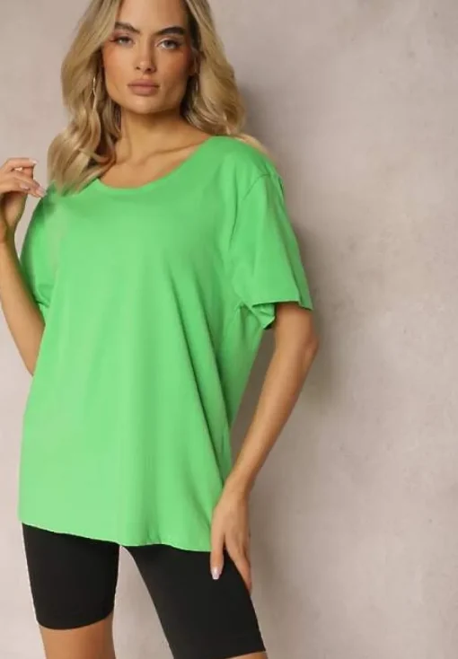 Zielona Bluzka w Stylu T-shirtowym z Okrągłym Dekoltem Lireuma