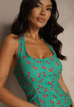 Zielona Bluzka z Dekoltem Halter Zdobiona Wiązaniem i Guzikami Tolureine