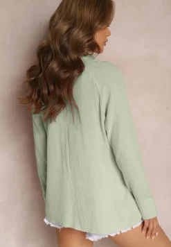 Zielona Casualowa Bluzka z Bawełny Wykończona Wiązaniem i Kołnierzykiem Cyrilla