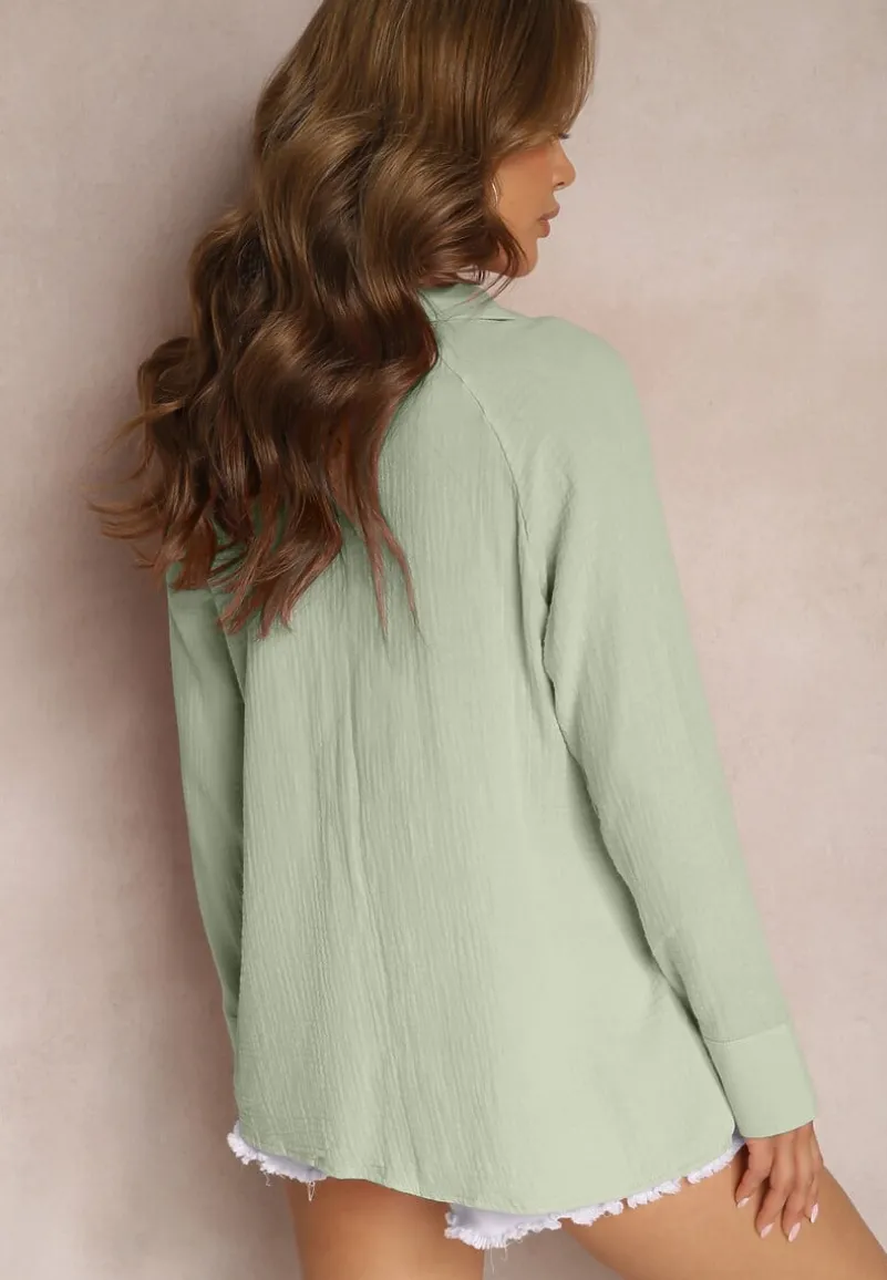 Zielona Casualowa Bluzka z Bawełny Wykończona Wiązaniem i Kołnierzykiem Cyrilla