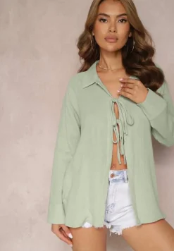 Zielona Casualowa Bluzka z Bawełny Wykończona Wiązaniem i Kołnierzykiem Cyrilla