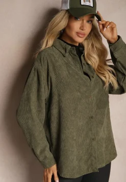 Zielona Koszula ze Sztruksu z Dodatkiem Bawełny Zapinana na Guziki Tarinia