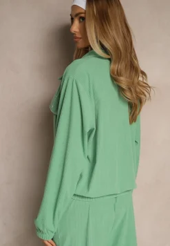 Zielona Koszulowa Kurtka ze Ściągaczem w Pasie Zdobiona Imitacją Kieszeni Nitarisa