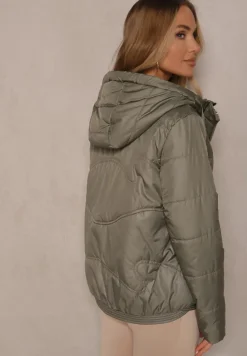 Zielona Kurtka z Pikowanymi Przeszyciami i Kapturem Zdobiona Sznurkami Evivienne