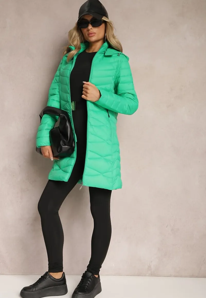 Zielona Pikowana Kurtka Płaszcz przed Kolano z Kapturem Julioa