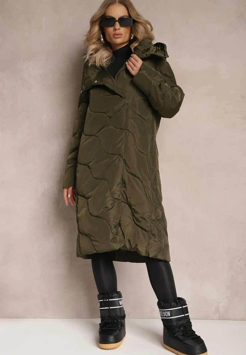 Zielona Pikowana Kurtka Płaszcz za Kolano z Kapturem Kelotta