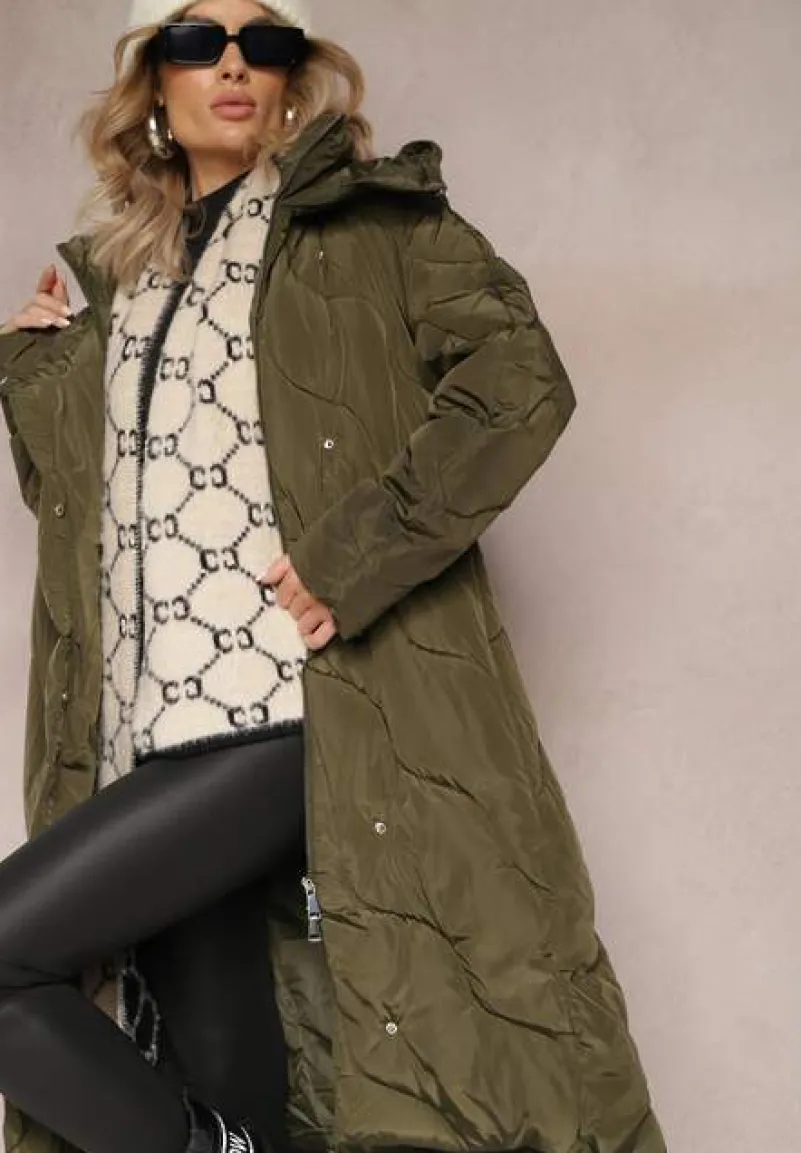 Zielona Pikowana Kurtka Płaszcz za Kolano z Kapturem Kelotta