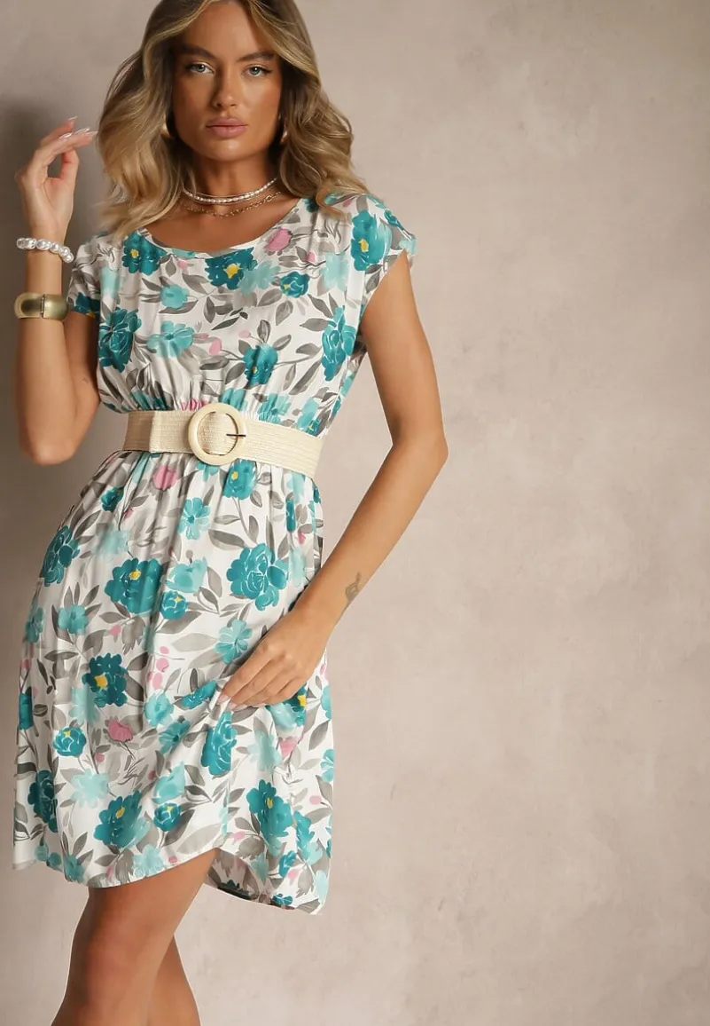 Zielona Rozkloszowana Sukienka z Bawełną w Kwiaty Talisenia