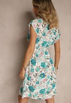 Zielona Rozkloszowana Sukienka z Bawełną w Kwiaty Talisenia