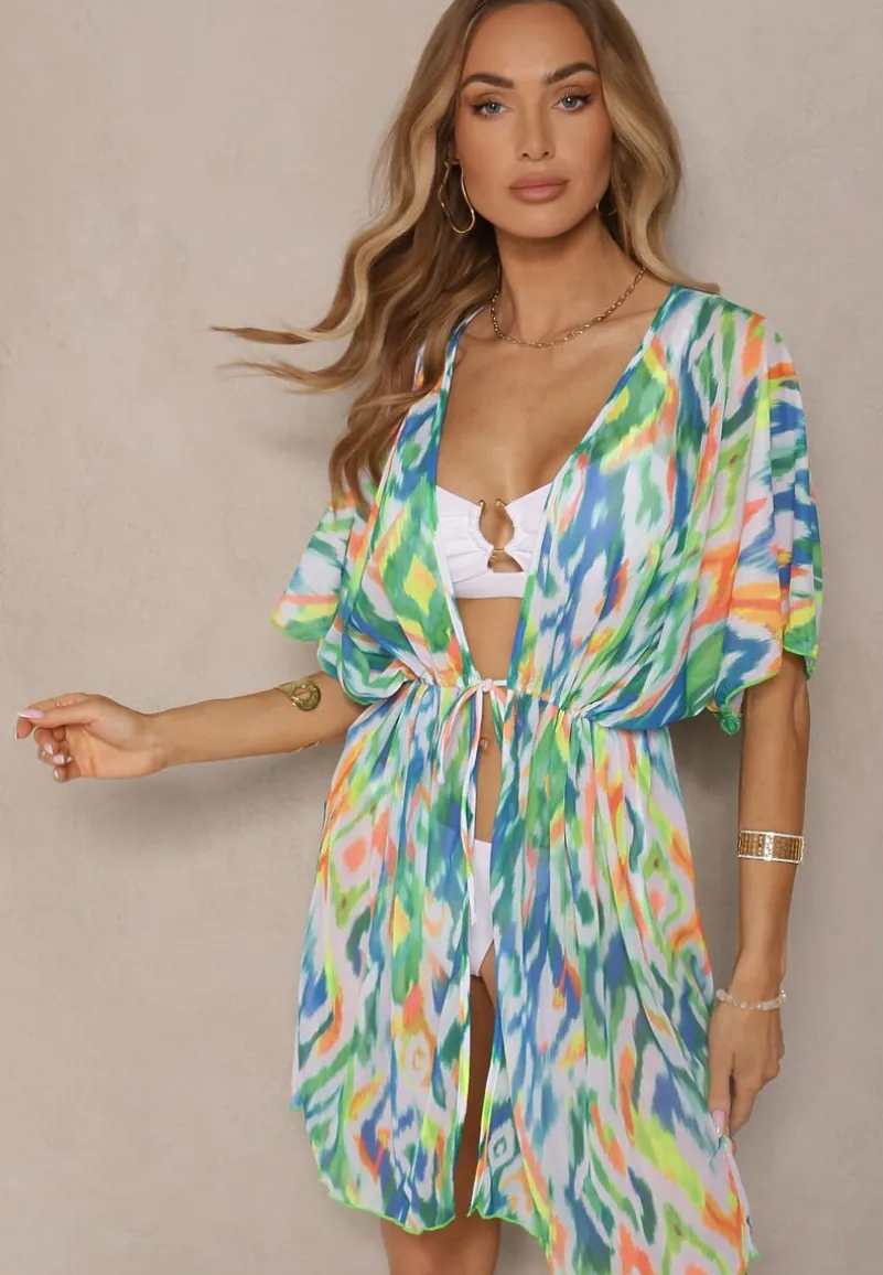 Zielona Siateczkowa Narzutka z Abstrakcyjnym Motywem Ozdobiona Wiązaniem Revoreia