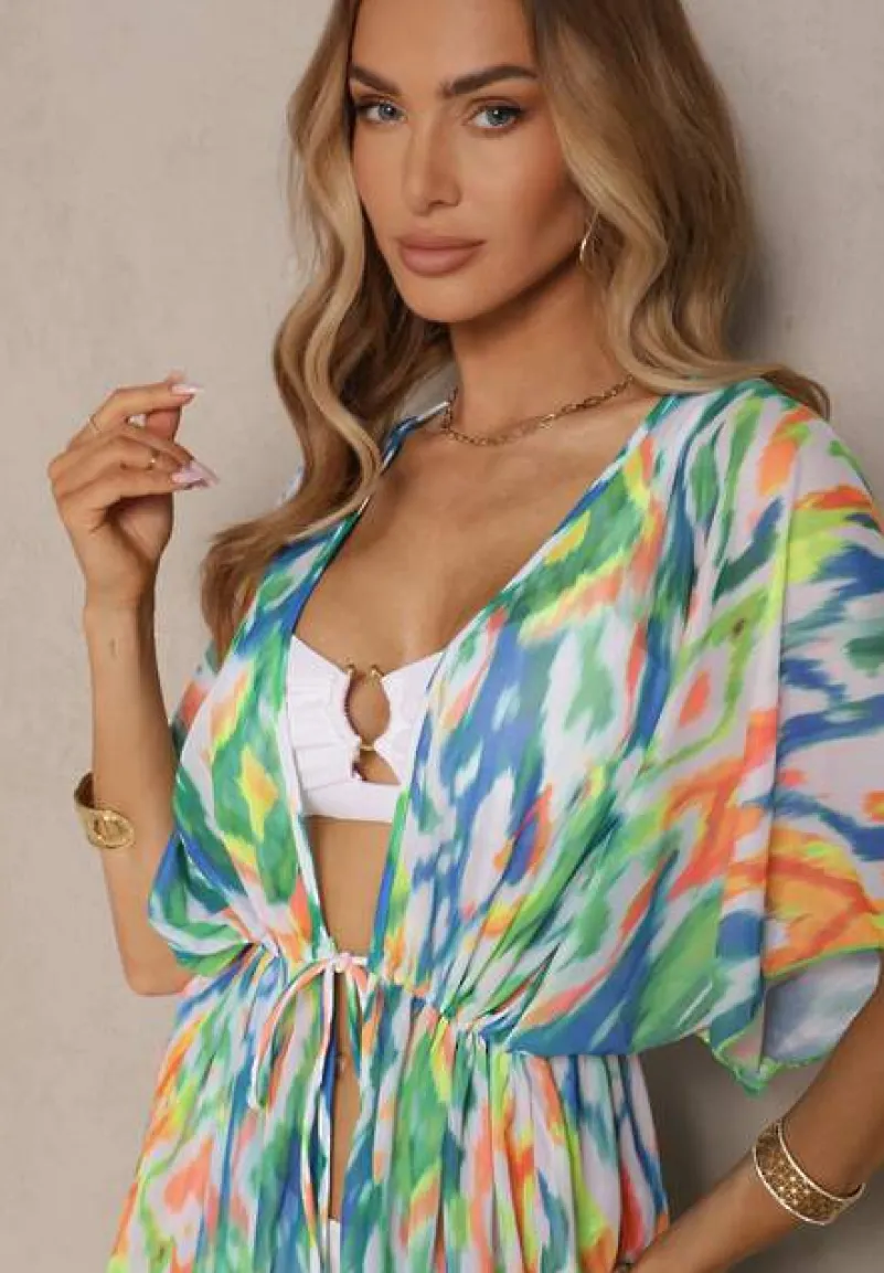 Zielona Siateczkowa Narzutka z Abstrakcyjnym Motywem Ozdobiona Wiązaniem Revoreia