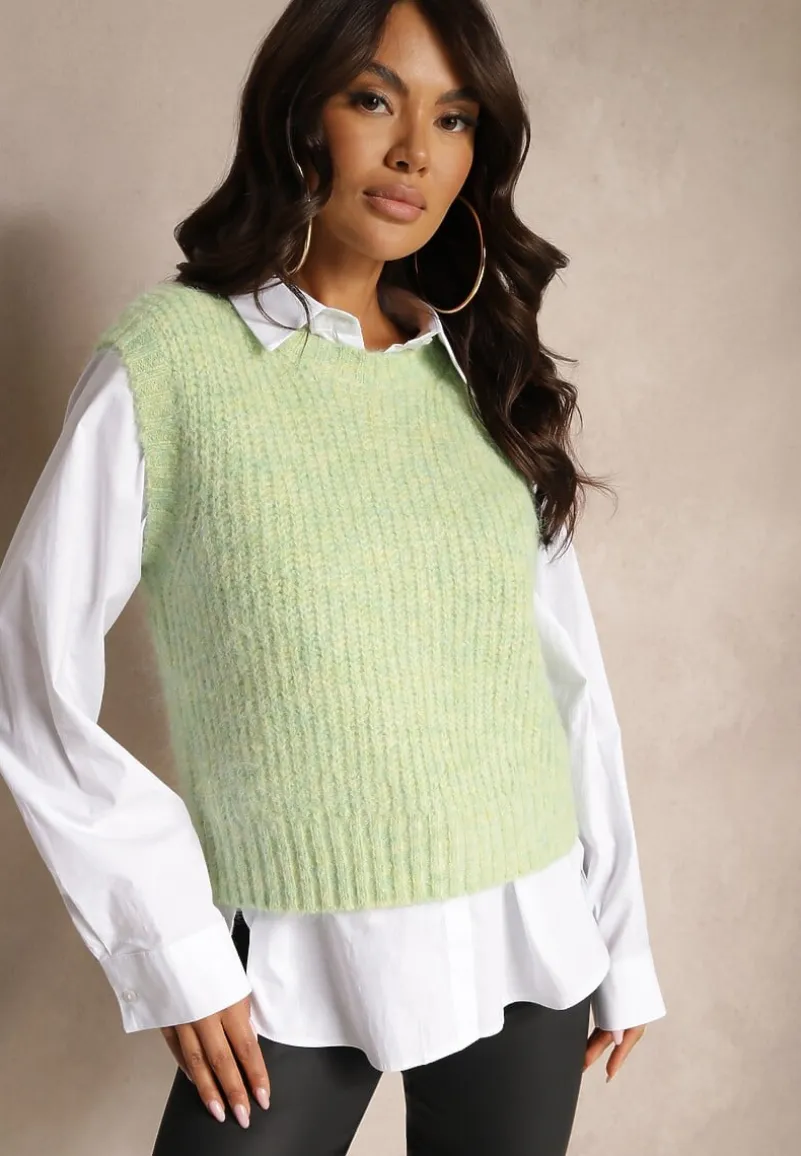 Zielona Sweterkowa Kamizelka z Wełną z Prążkowanego Materiału Titheora