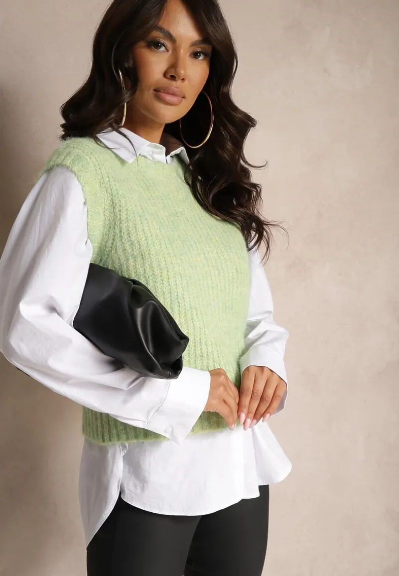 Zielona Sweterkowa Kamizelka z Wełną z Prążkowanego Materiału Titheora