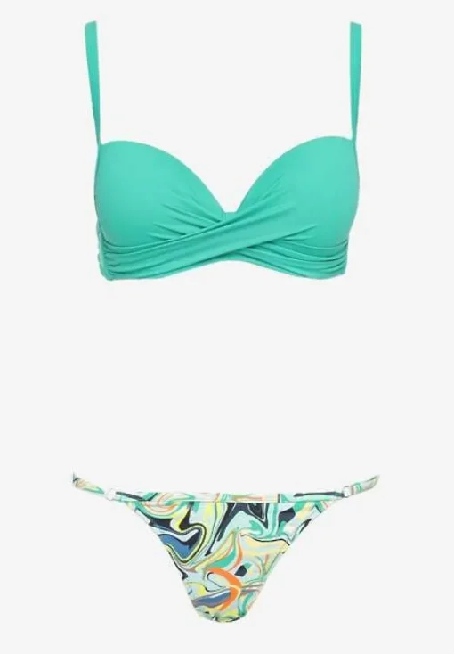 Zielone Bikini Biustonosz na Cienkich Ramiączkach z Regulacją i 2 Pary Majtek z Wiązaniem i Regulacją Pammarie