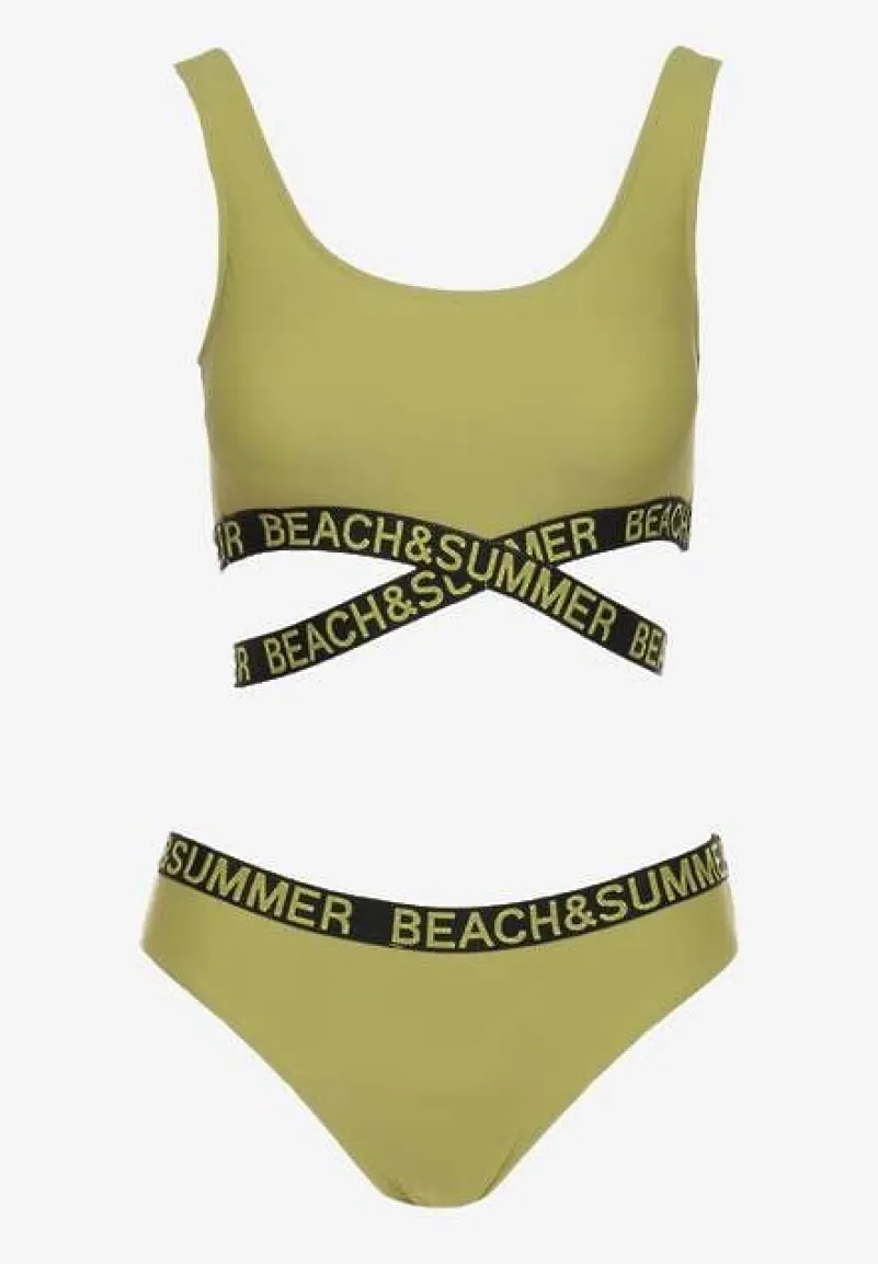 Zielone 2-Częściowe Bikini z Ozdobnymi Gumkami Figi i Top Namarie