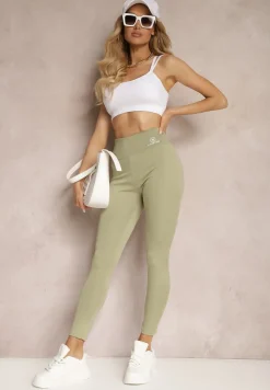 Zielone Legginsy High Waist z Gumką w Pasie Cloen